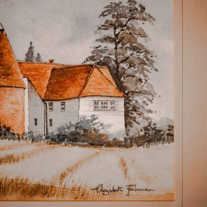 Kent Landscape with Oast House, signed watercolour by Elizabeth Fishman, 1970s